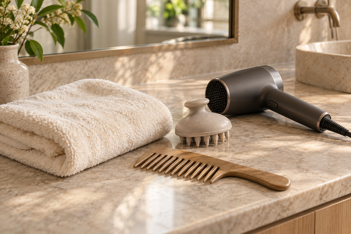 Wide-tooth comb, folded towel, scalp massage brush and hair dryer on a sunlit bathroom counter.