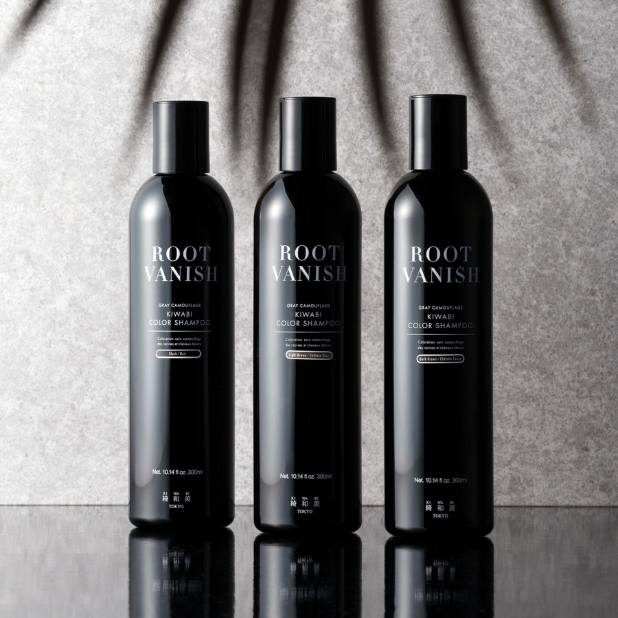 Bottle of Kiwabi hair color shampoo for gray hair