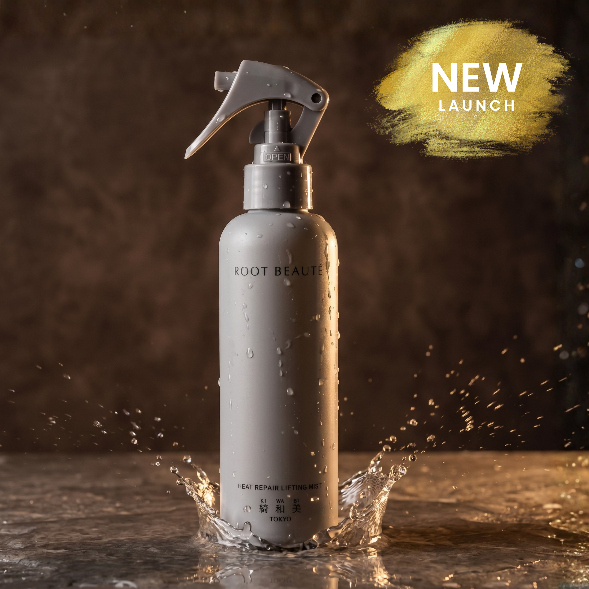 Kiwabi Gray hair spray bottle labeled 'Root Beaute' with water splashes on a dark background